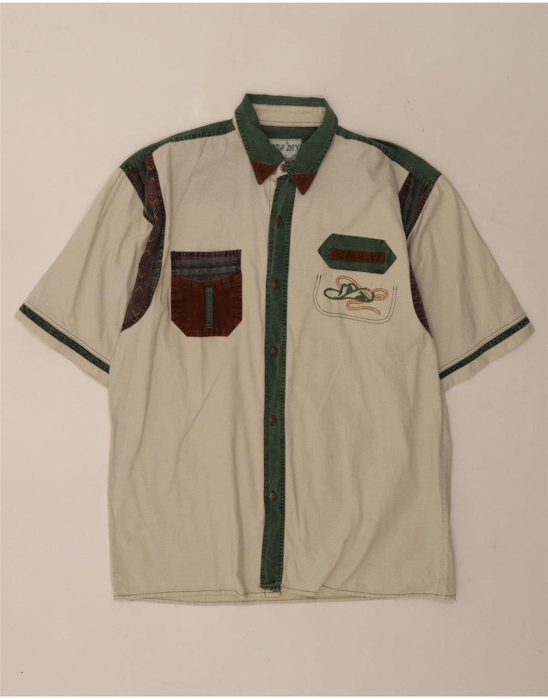 Vintage Herren Kurzarmhemd IT 48 Mittelbeige Colourblock-Baumwolle