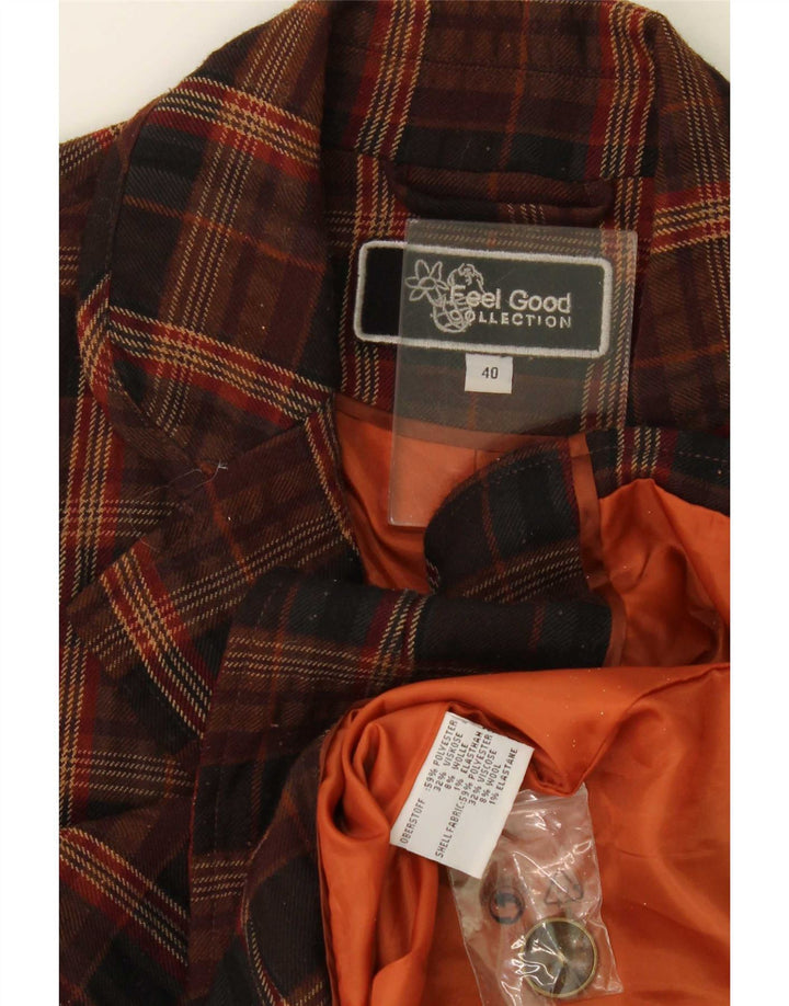 Vintage Damen 3-Knopf-Blazerjacke EU 40 Mittelbraun kariertes Polyester