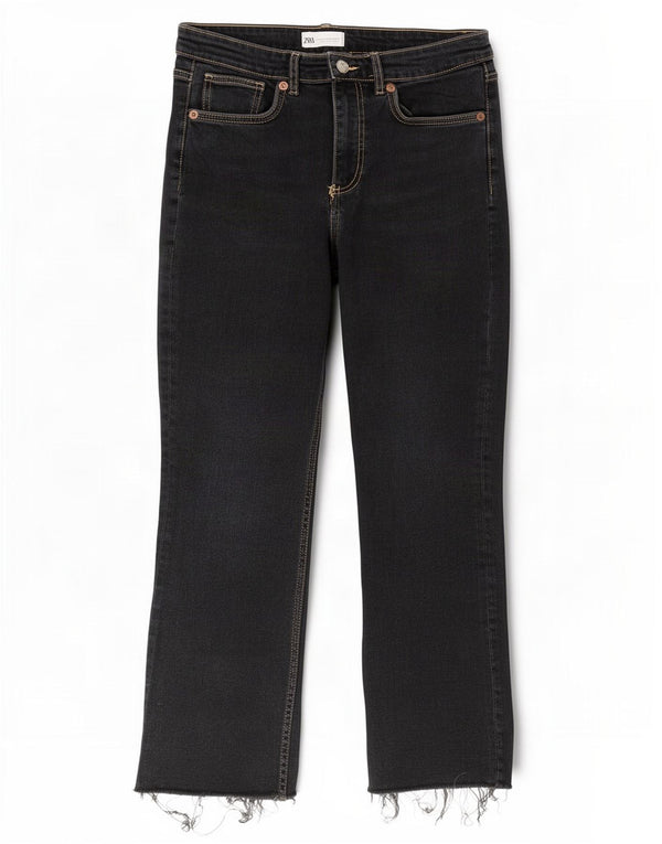 Zara Damen Crop Bootcut Jeans EU 42 Large W32 L26 Schwarz