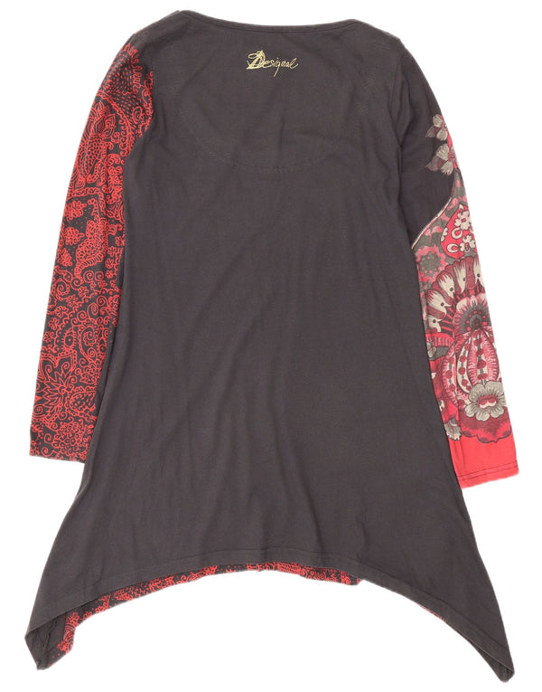 Desigual Damen Langarm-Asymmetrisches Tunika-Oberteil UK 12 Mittelgrau mit Blumenmuster