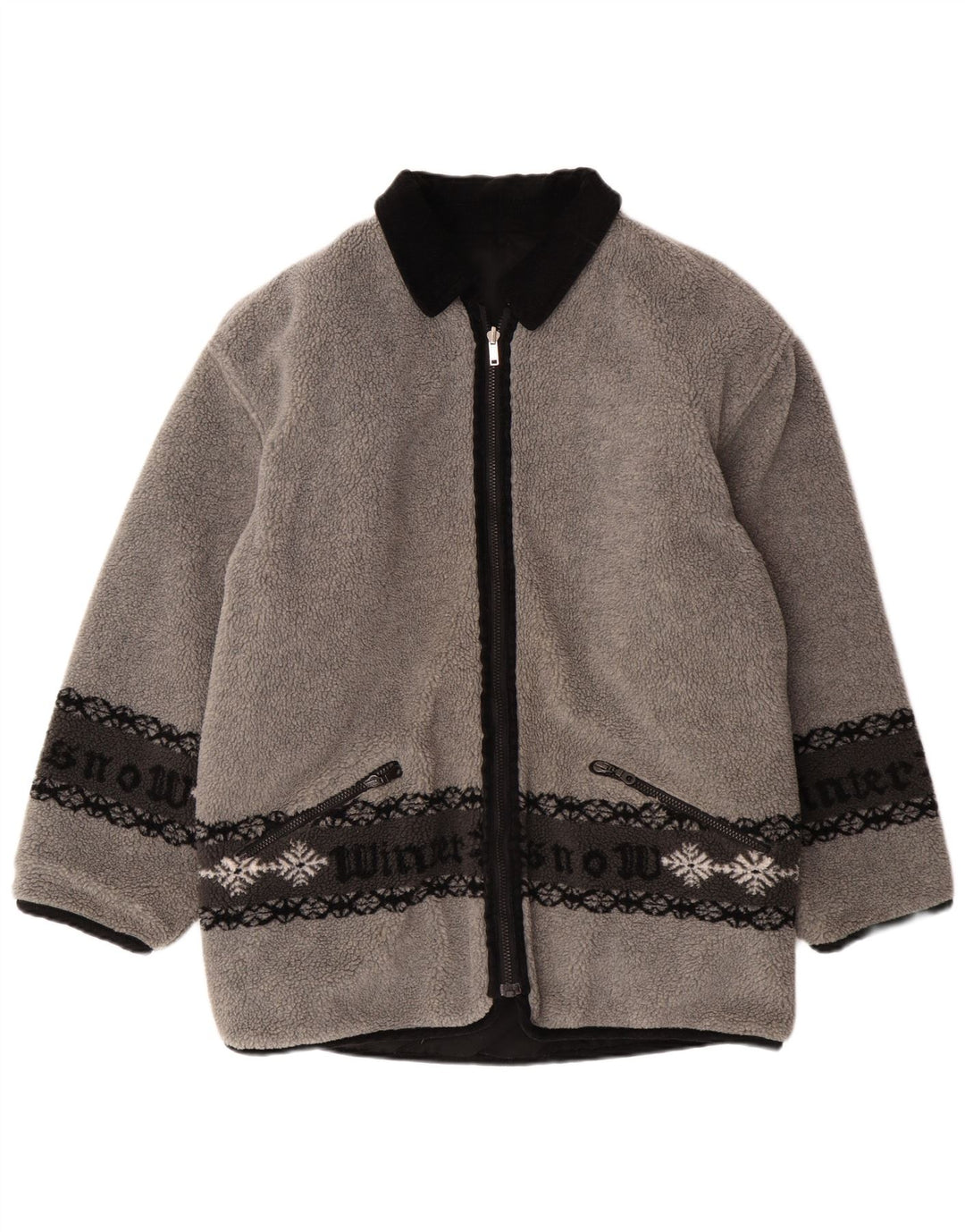 VINTAGE Herren-Fleecejacke mit Grafik, wendbar, UK 38, Mittelgrau, Fair Isle