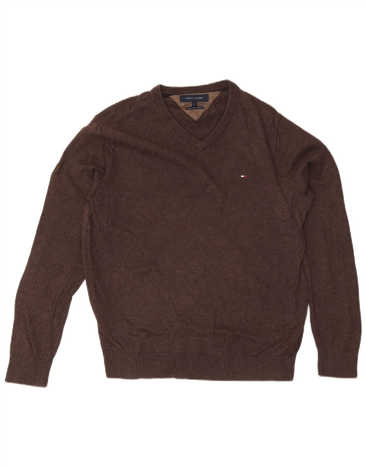 Tommy Hilfiger Herren-Pullover mit V-Ausschnitt, klein, braune Baumwolle
