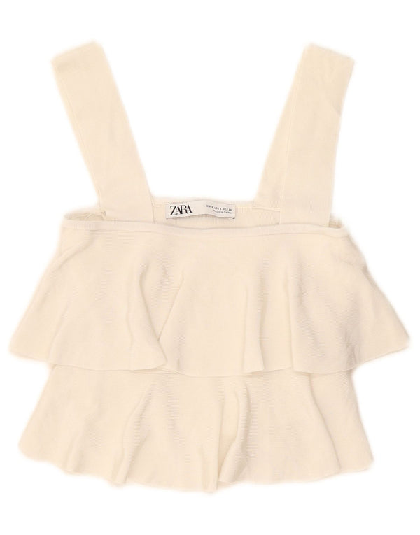 Zara Damen Crop Cami Top mit Rüschen vorne, UK 8 Small, gebrochenes Weiß, Viskose