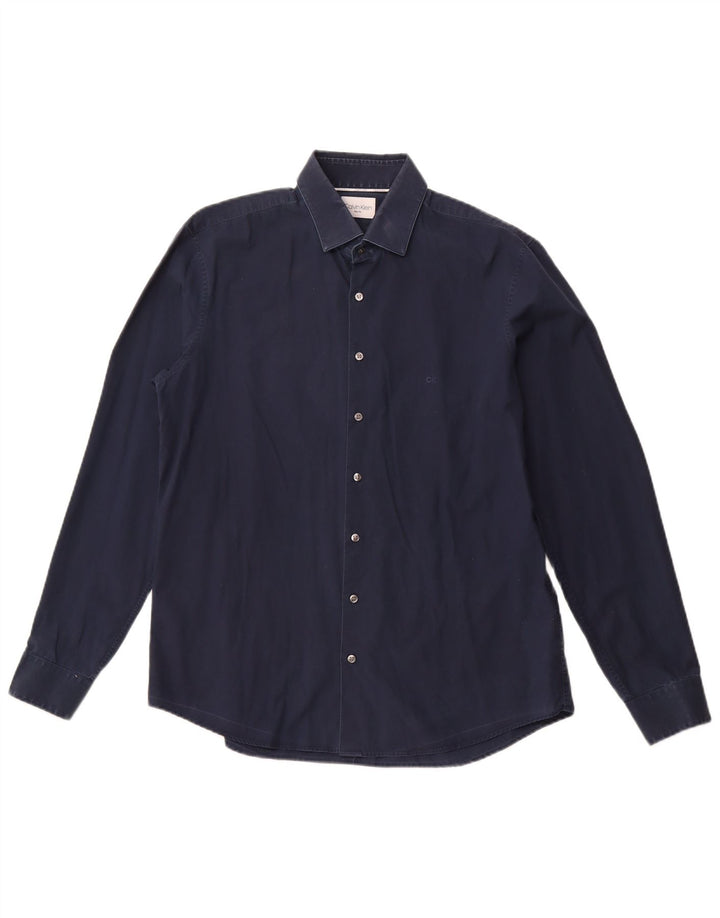 CALVIN KLEIN Herren Slim Fit Hemd Größe 16 1/2 Large Marineblaue Baumwolle