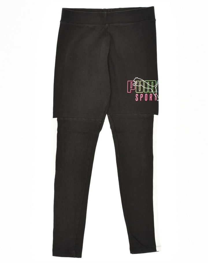 PUMA Womens Graphic Leggings UK 8 Small Black Colourblock Cotton | Vintage Puma | Thrift | Second-Hand Puma | Used Clothing | Messina Hembry 