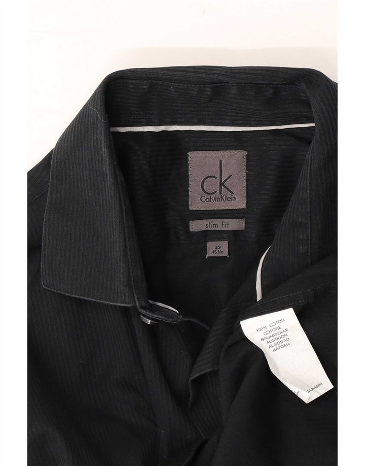 Calvin Klein Herren-Formalhemd, Größe 39, 15 1/2, mittelgroß, schwarzer Nadelstreifen