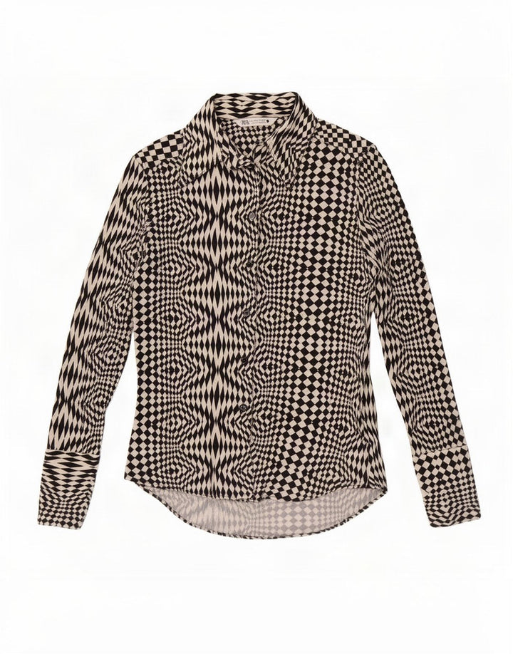 Zara Damen Hemdbluse UK 12 Mittelschwarzes geometrisches Polyester