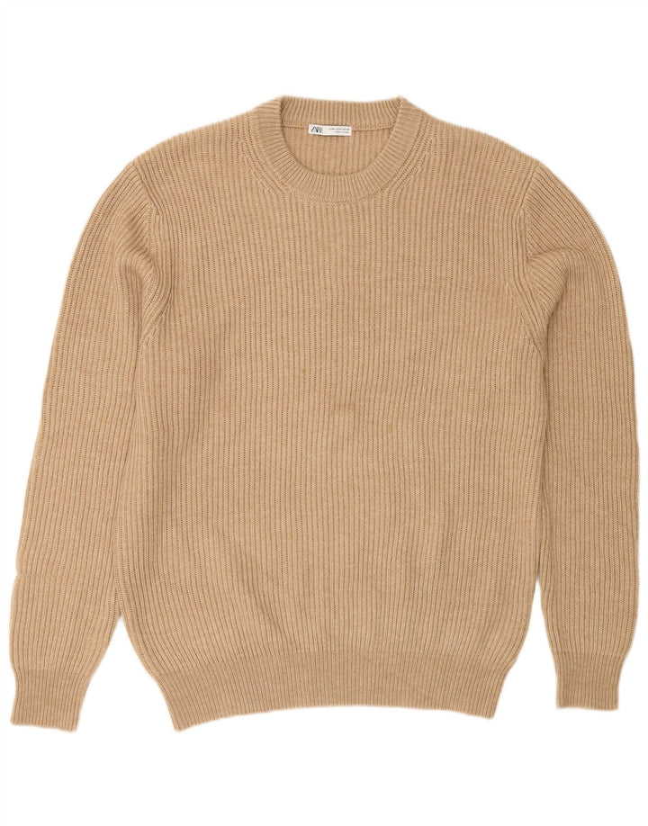 Zara Herren-Pullover mit Rundhalsausschnitt, mittelbeigefarbenes Polyester