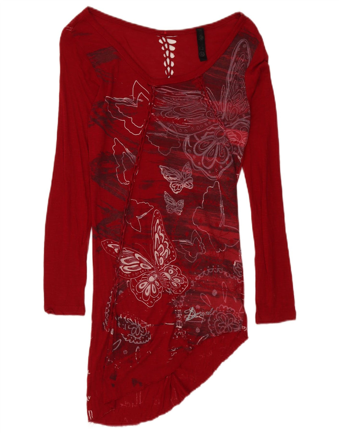 DESIGUAL Langärmliges asymmetrisches Blusenoberteil für Damen, UK 8, kleiner roter Schmetterling
