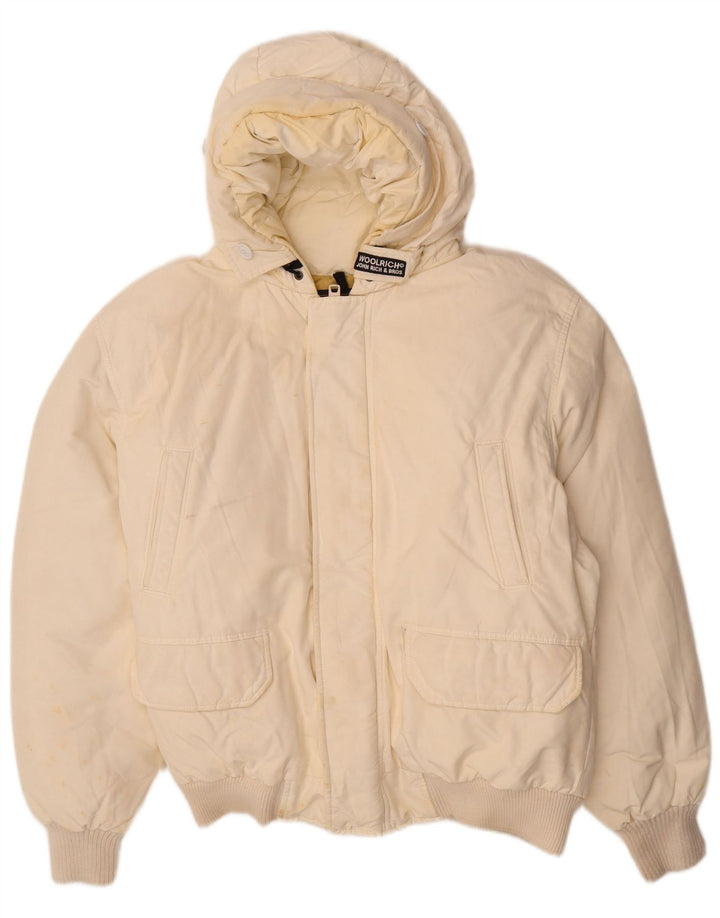 Woolrich Wattierte Herrenjacke mit Kapuze, UK 40, Größe L, cremefarbene Baumwolle