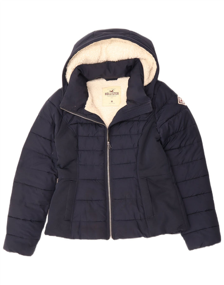 Hollister Womens Hooded Sherpa Wattierte Jacke UK 14 Medium Navy Blue