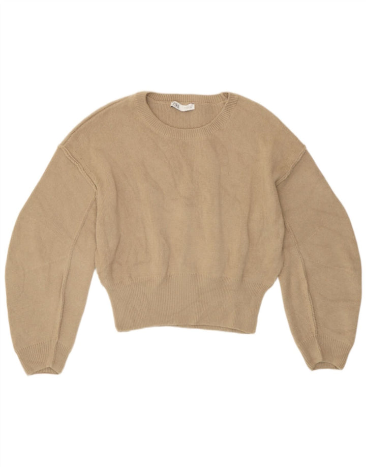 Zara Damen-Pullover mit Rundhalsausschnitt, lockere Passform, UK 14, mittelbeigefarbenes Polyester
