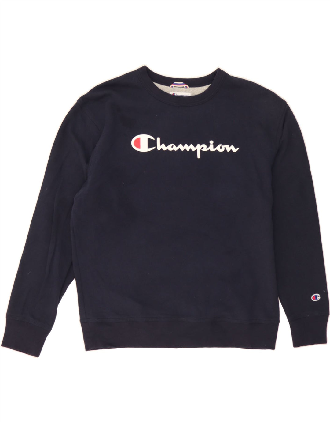 CHAMPION Mens Graphic Sweatshirt Jumper Large Navy Blue Cotton Vintage Champion and Second-Hand Champion from Messina Hembry 