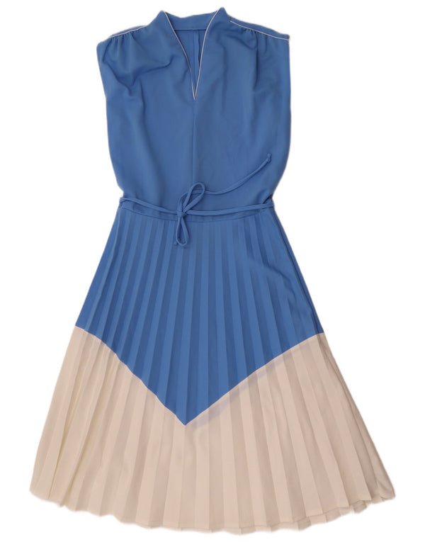 Vintage Damen Ärmelloses A-Linien-Kleid UK 12 Mittelblauer Farbblock