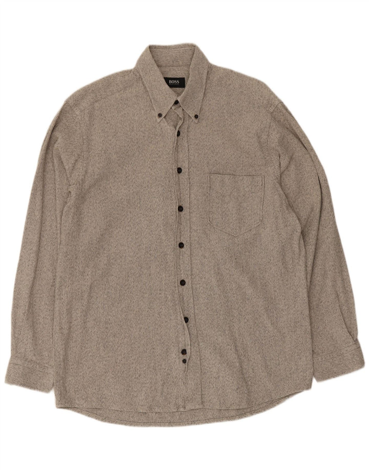 Hugo Boss Herren-Flanellhemd, groß, grau gesprenkelte Baumwolle