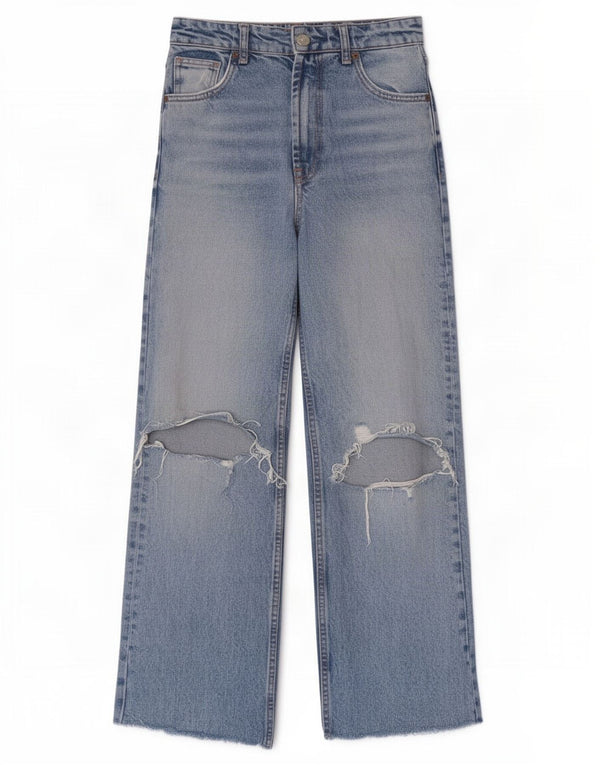 Zara Damen Distressed High Rise Wide Leg Jeans EU 34 2XS W24 L28 Blau