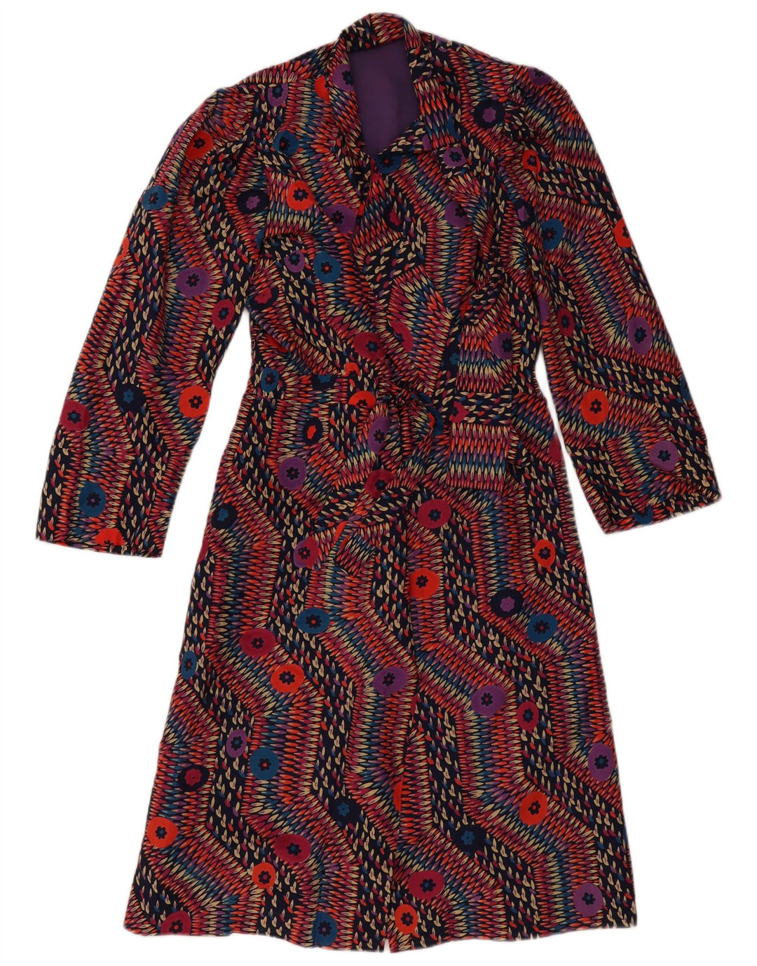 Vintage Damen Langarm Wickelkleid UK 12 Medium Mehrfarbig Geometrisch