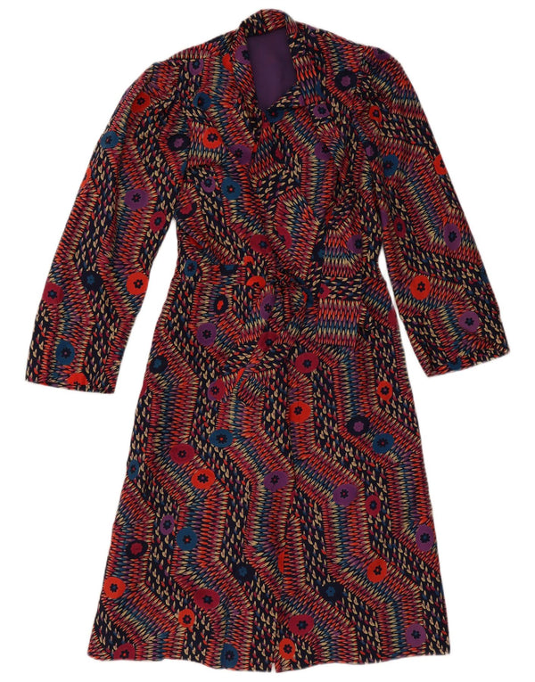 Vintage Damen Langarm Wickelkleid UK 12 Medium Mehrfarbig Geometrisch