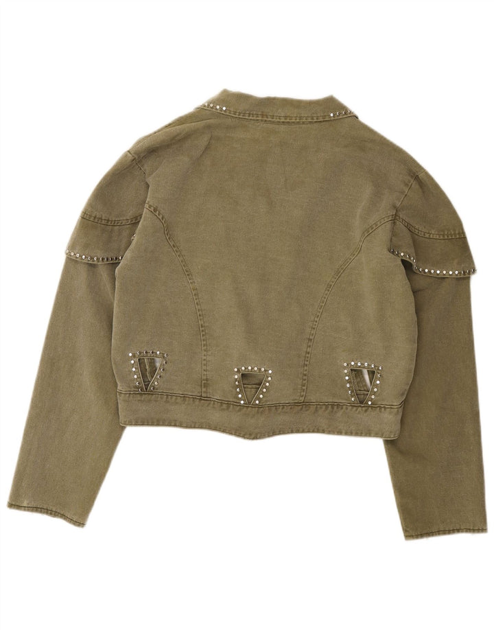 Vintage Damen Crop Jeansjacke EU 40 Mittelgrüne Baumwolle
