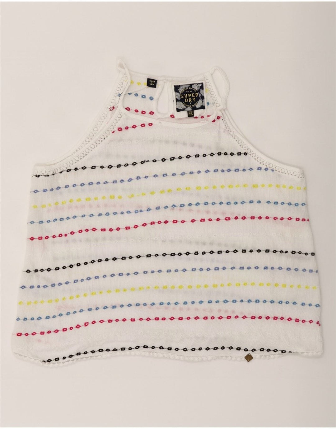 Superdry Damen Crop Neckholder Top UK 10 Small Weiß gestreifte Viskose