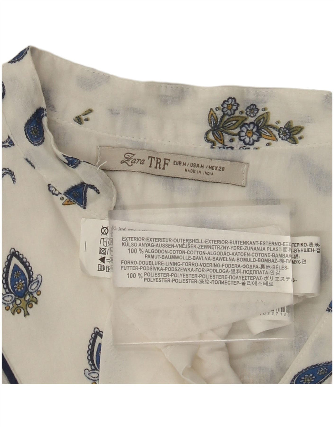 ZARA Damen Etuikleid mit 3/4-Ärmeln, UK 12, Mittelweiß, Paisley-Baumwolle