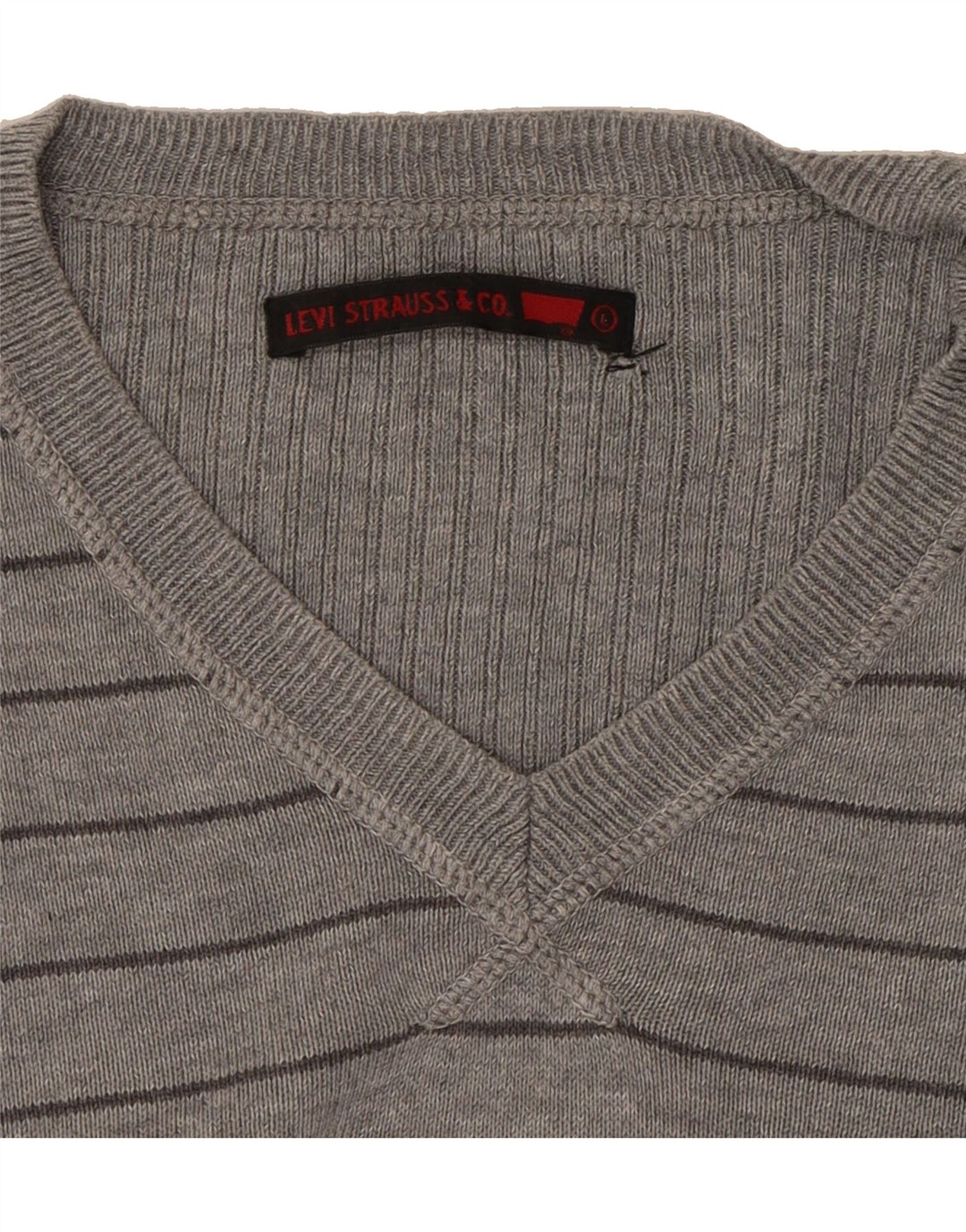LEVI'S Mens V-Neck Jumper Sweater Large Grey Striped Cotton Vintage Levi's and Second-Hand Levi's from Messina Hembry 