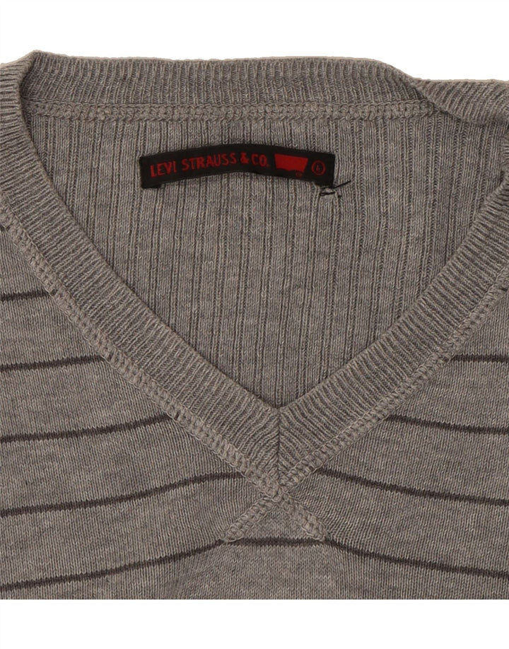 LEVI'S Mens V-Neck Jumper Sweater Large Grey Striped Cotton Vintage Levi's and Second-Hand Levi's from Messina Hembry 