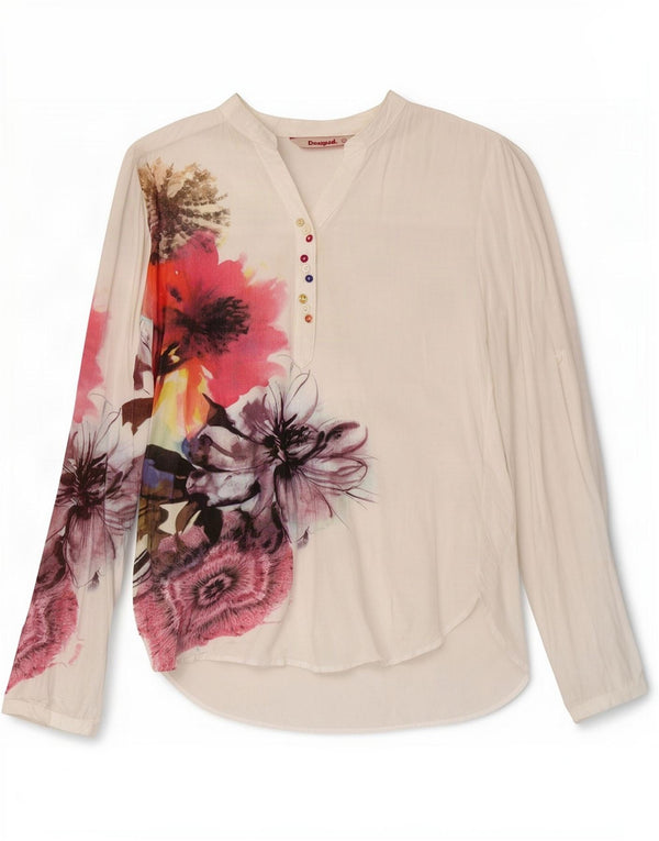 Desigual Damen Pullover-Hemd UK 10 Kleine weiße Viskose mit Blumenmuster