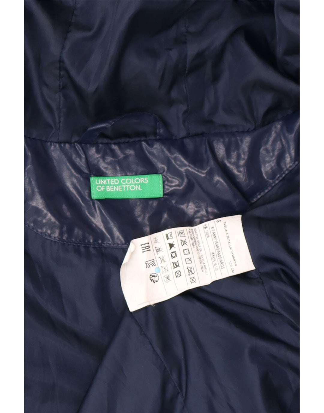 BENETTON Wattierte Mädchenjacke mit Kapuze, 6–7 Jahre, Größe S, Marineblau, Polyester