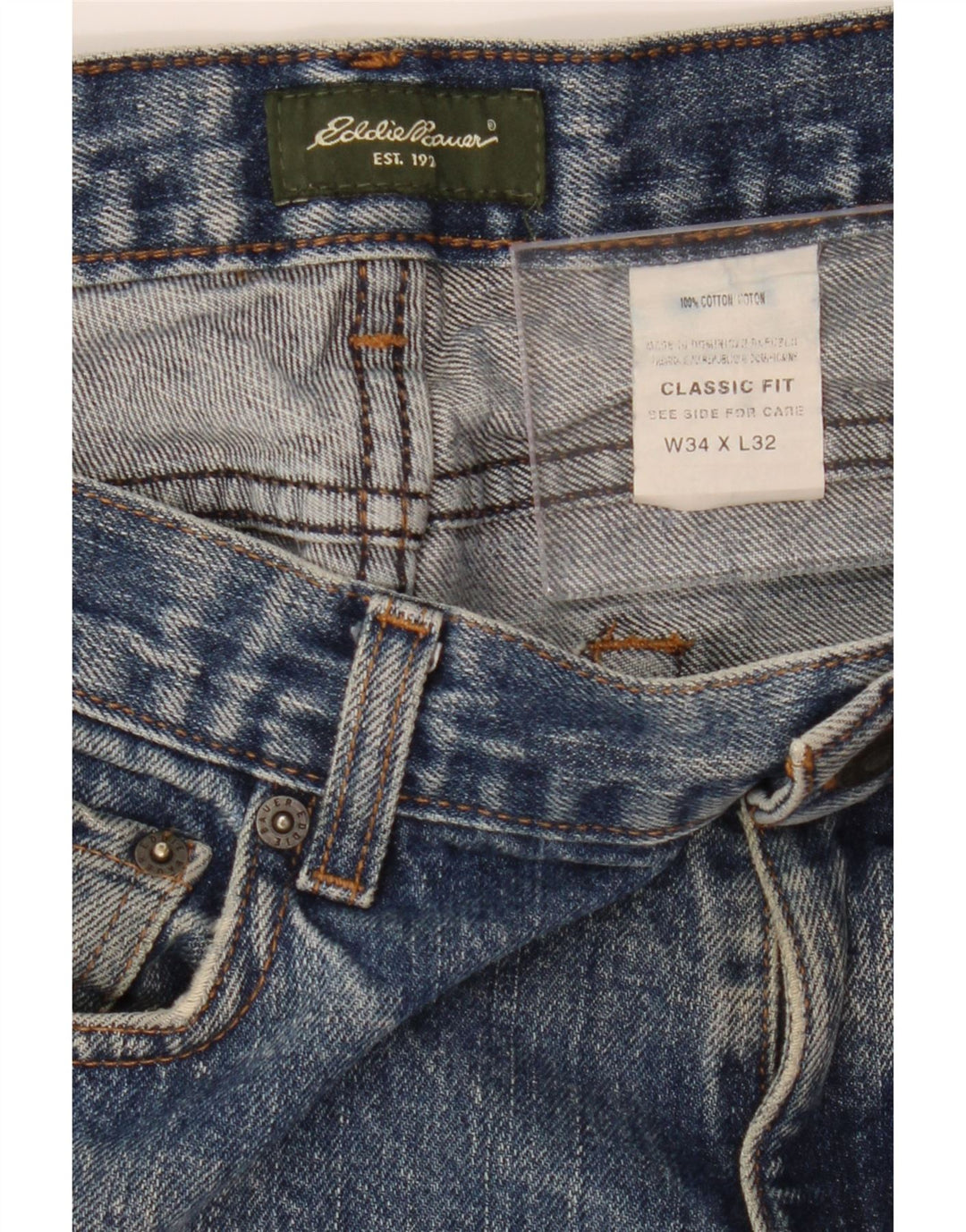 EDDIE BAUER Mens Classic Fit Straight Jeans W34 L29 Blue Cotton Vintage Eddie Bauer and Second-Hand Eddie Bauer from Messina Hembry 