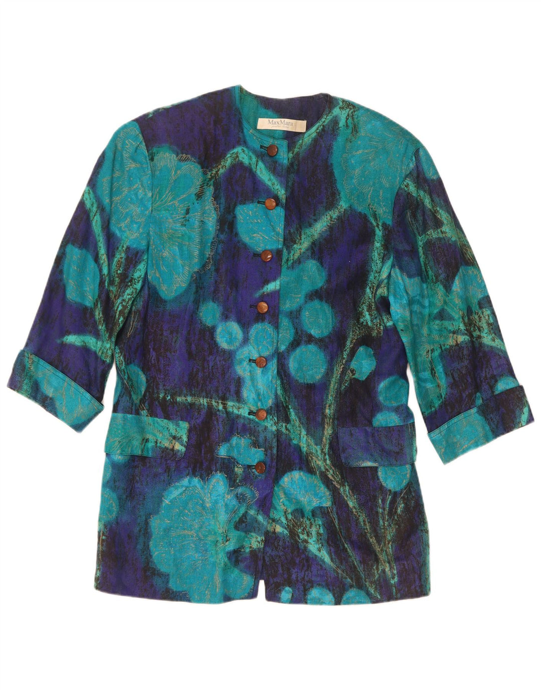 Max Mara Damen-Blazer mit 3/4-Ärmeln und 7 Knöpfen, UK-Gr. 14, Mittelblau mit Blumenmuster