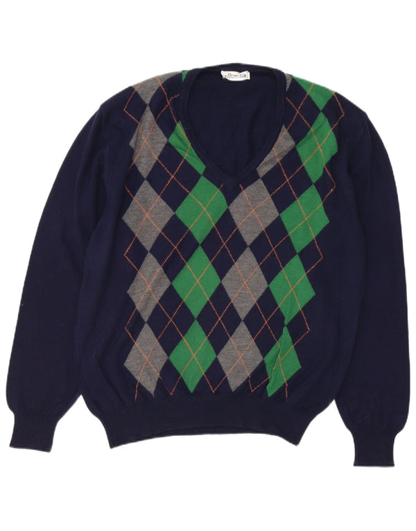 Vintage Herren Pullover mit V-Ausschnitt IT 52 Groß Marineblau Argyle/Diamant