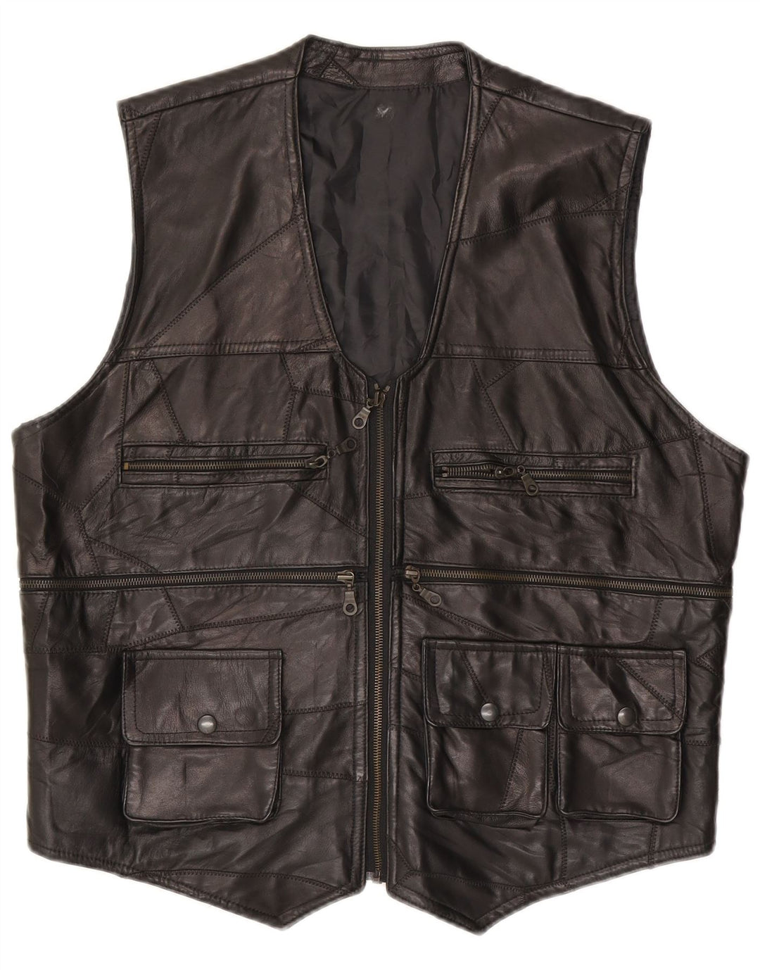 Vintage Herren Leder Utility Gilet UK 38 Medium Schwarz Patchwork