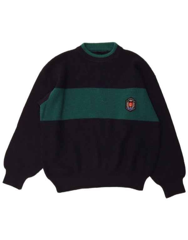 VINTAGE Mens Boat Neck Jumper Sweater XL Navy Blue Colourblock Wool