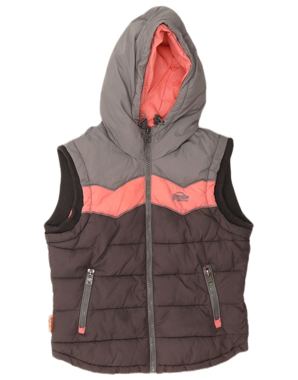 Superdry Wattierte Damen-Weste mit Kapuze, UK 12, mittelgraues Colourblock-Nylon