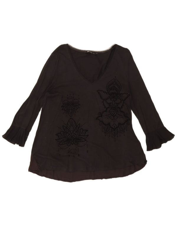 Desigual Damen Langarmblusenoberteil UK 18 XL Schwarz geblümte Baumwolle