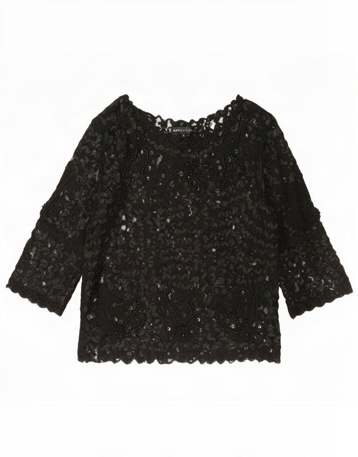 Sky Design Damen-Top, durchsichtig, 3/4-Ärmel, US-Größe 4, Größe S, Schwarz, Blumenmuster