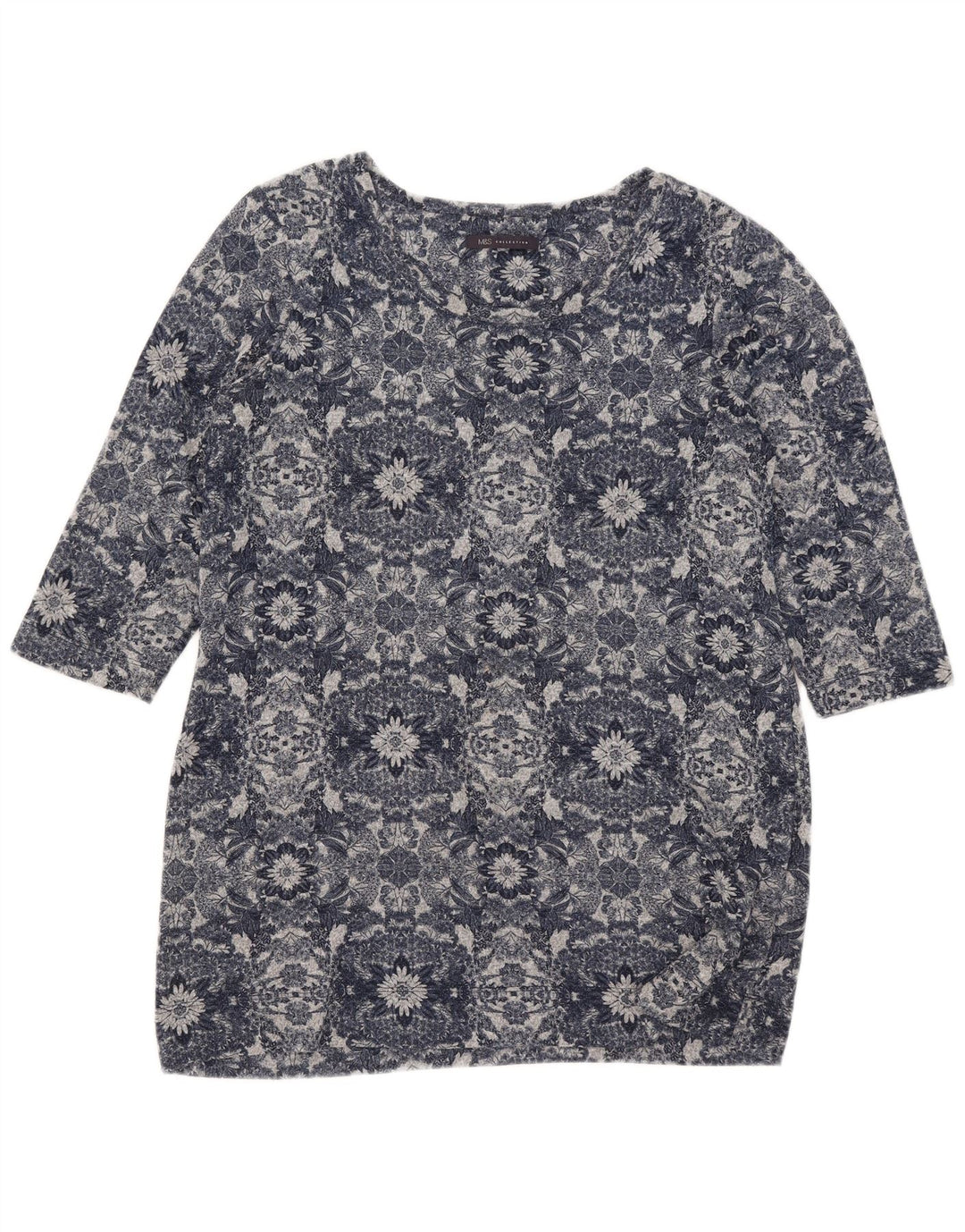 Marks & Spencer Damen-Top, 3/4-Ärmel, UK-Größe 16, Größe L, blau, geblümt, Polyester