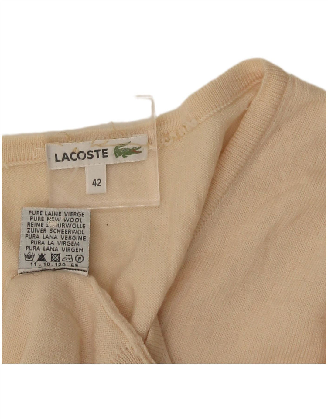 Lacoste Damen-Strickjacke, Größe 42, groß, beige Schurwolle