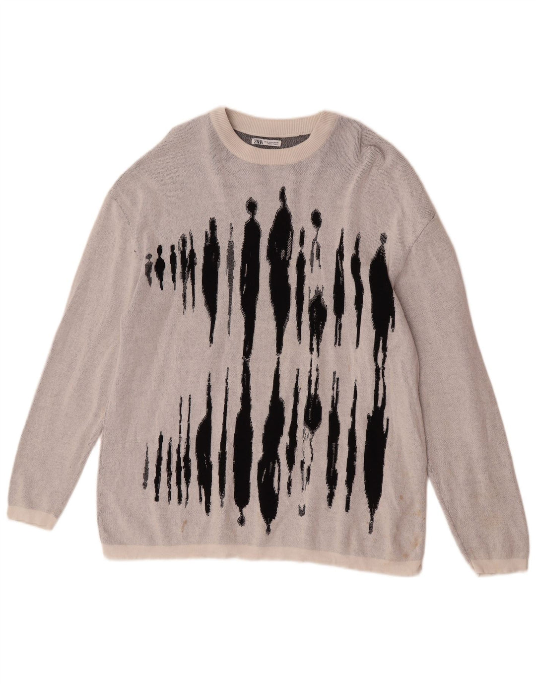 Zara Herren-Pullover mit grafischem U-Boot-Ausschnitt, mittelgraue Baumwolle