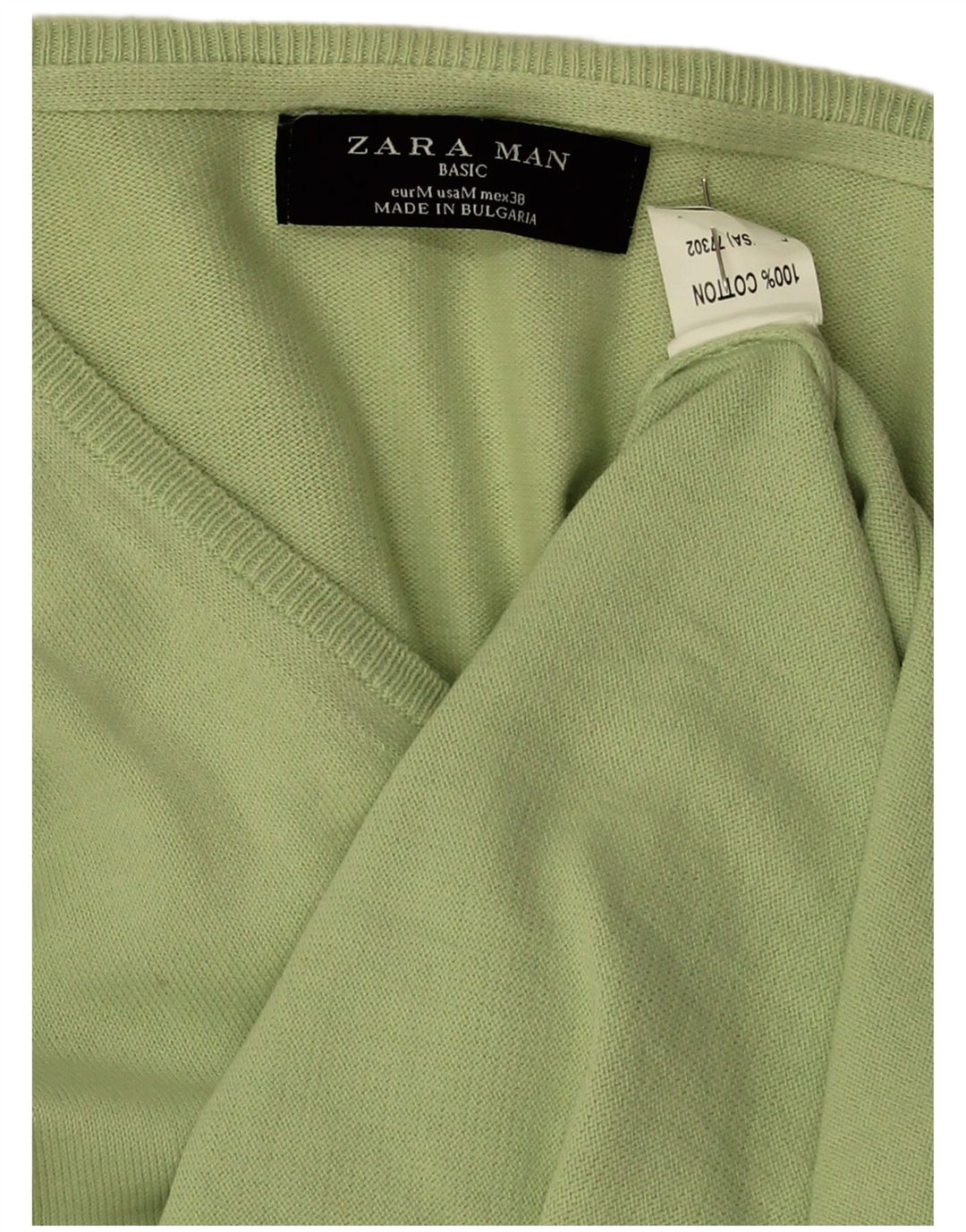Zara Herren-Pullover mit V-Ausschnitt aus mittelgrüner Baumwolle