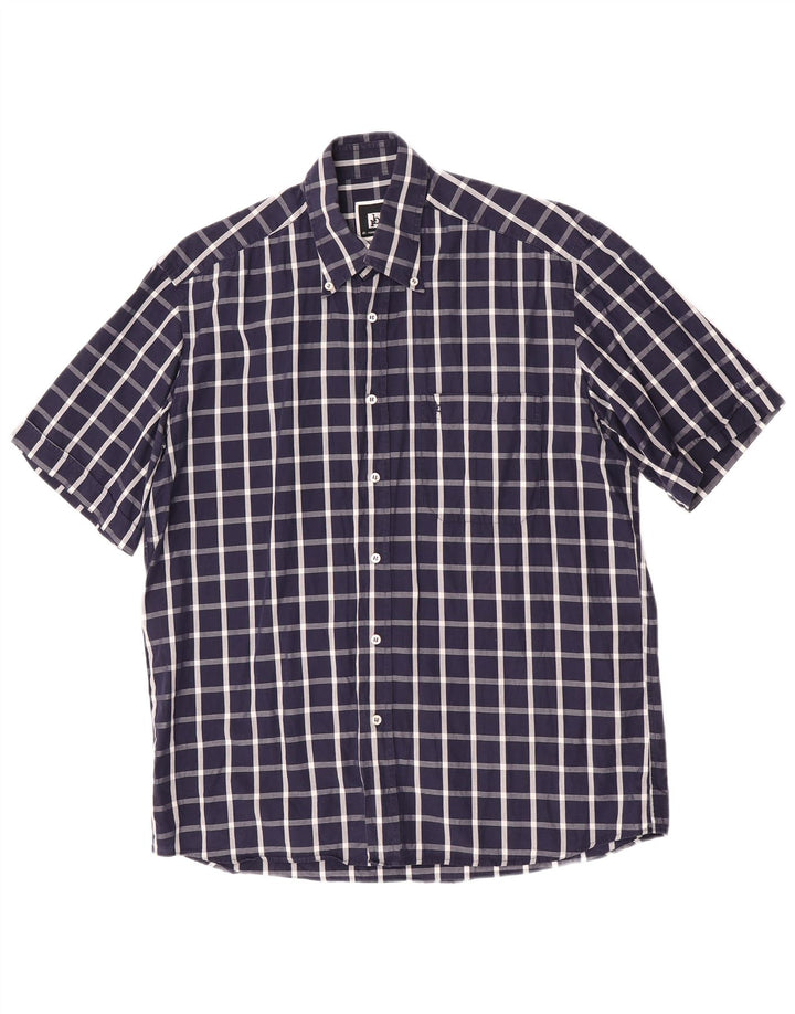 Roccobarocco Herren Kurzarmhemd Größe 39 15 1/2 Mittel Marineblau kariert