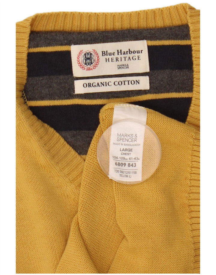 Marks & Spencer Herren-Pullover „Harbor“ aus blauer Baumwolle mit V-Ausschnitt, Größe L, Gelb