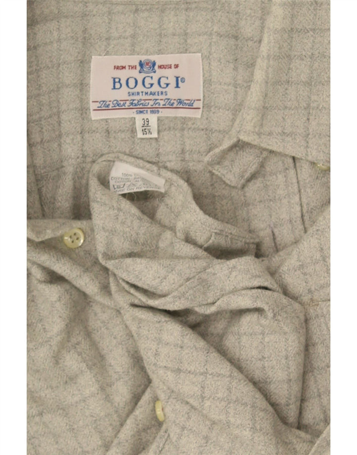 Boggi Herren-Flanellhemd, Größe 39, 15 1/2, mittelgrau karierte Baumwolle