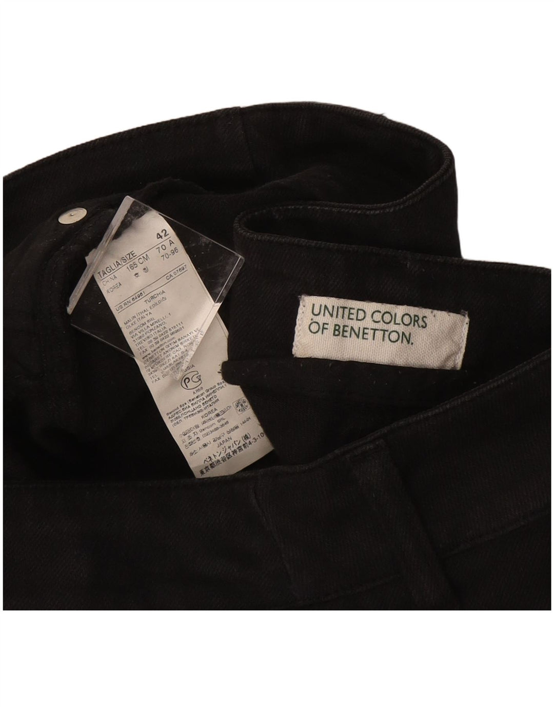 Benetton Damen-Freizeithose mit niedriger Taille, Größe 42, Mittel W30 L34, schwarze Baumwolle