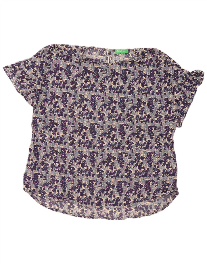 BENETTON Damen-Blusenoberteil UK 14 Mittelblaue geblümte Baumwolle