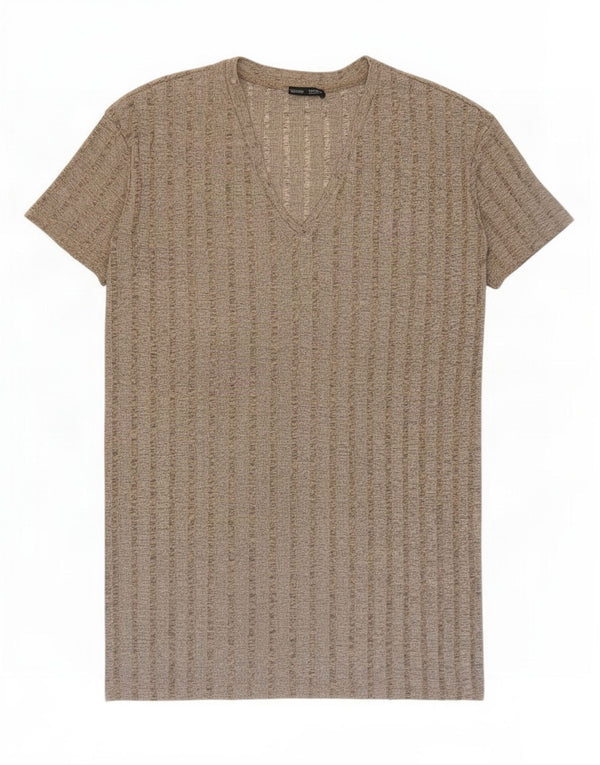 Zara Damen T-Shirt-Kleid UK 14 Medium Beige Gestreiftes Polyester