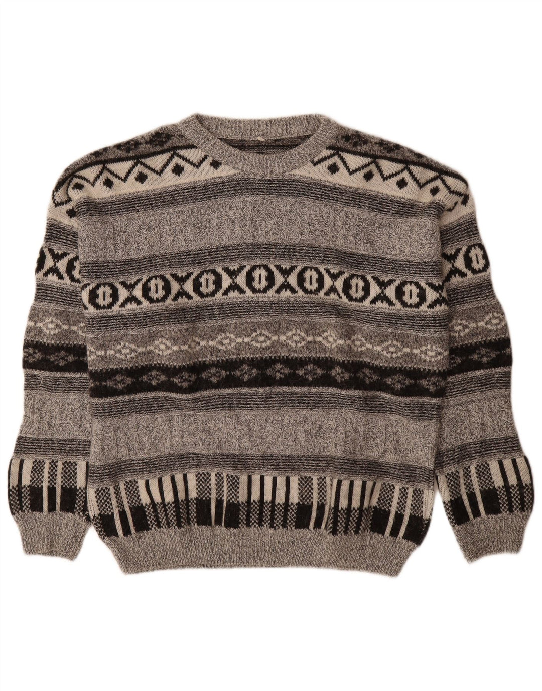 Vintage Herren-Pullover mit Rundhalsausschnitt, mittelgraue geometrische Wolle