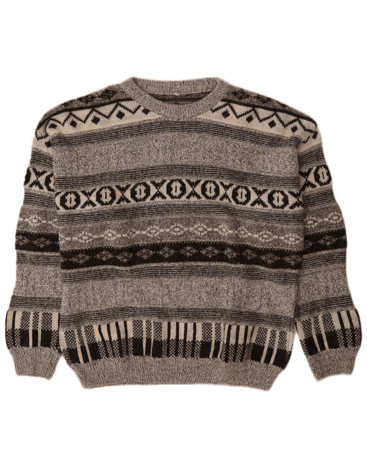 Vintage Herren-Pullover mit Rundhalsausschnitt, mittelgraue geometrische Wolle
