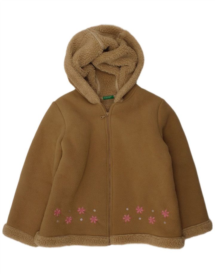 BENETTON Girls Hooded Fleece Jacket 7-8 Years Brown Polyester
